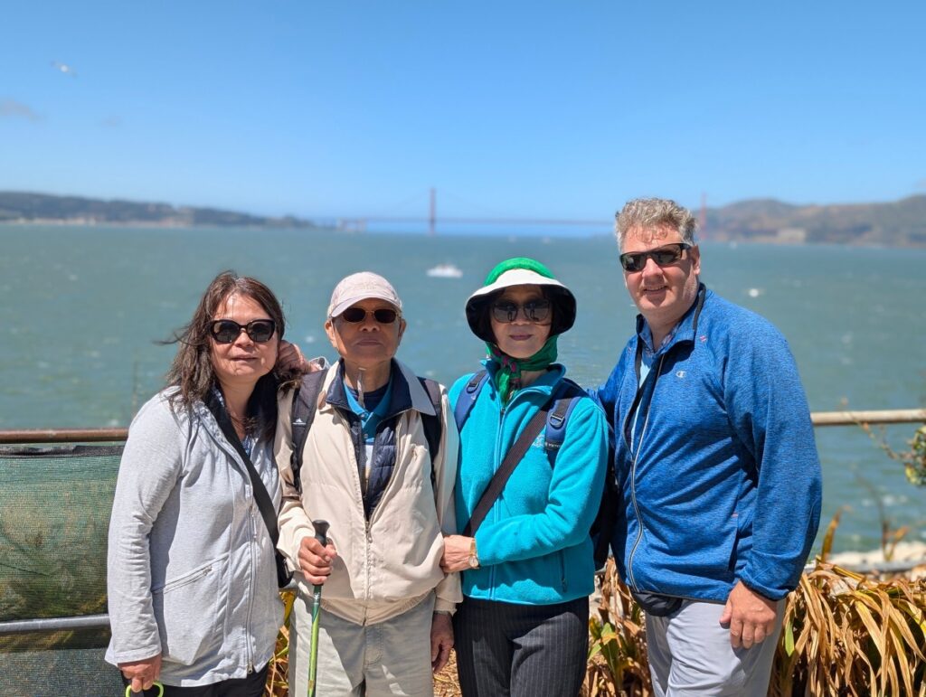 Travelling with ageing parents: our family at a Golden Gate Bridge overlook in San Francisco