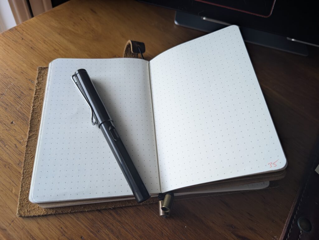 The Wanderings A6 traveller's notebook open to blank dotted-grid pages with a Lamy Safari fountain pen resting on top.