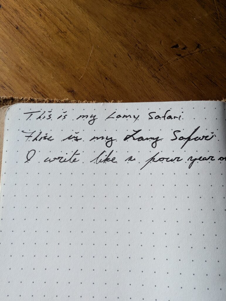 Dotted-grid insert page with fountain pen writing, testing a Lamy Safari on the 100 gsm paper.